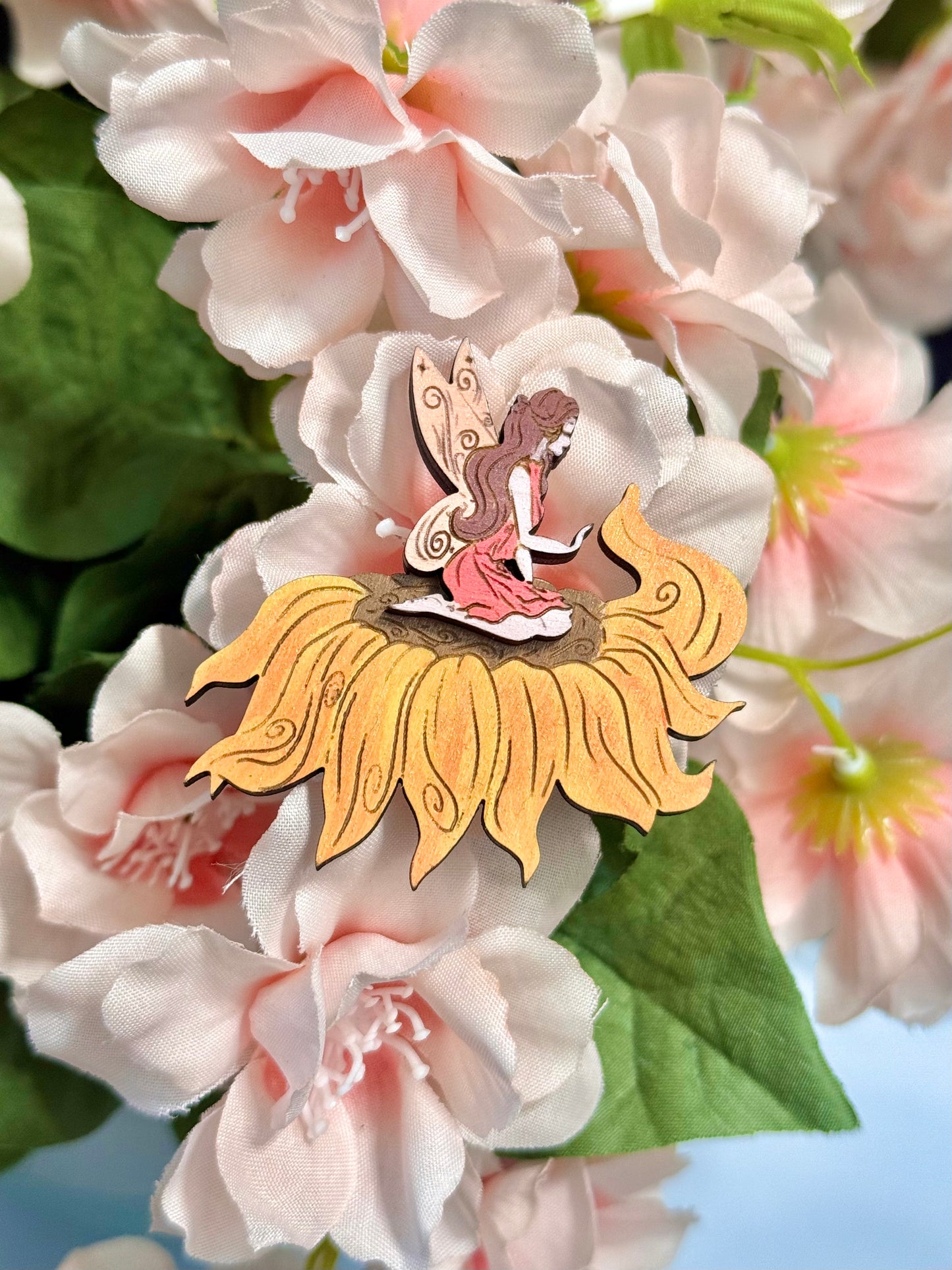 Sunshine & Sunflower - Fairy Wood Pin or Magnet