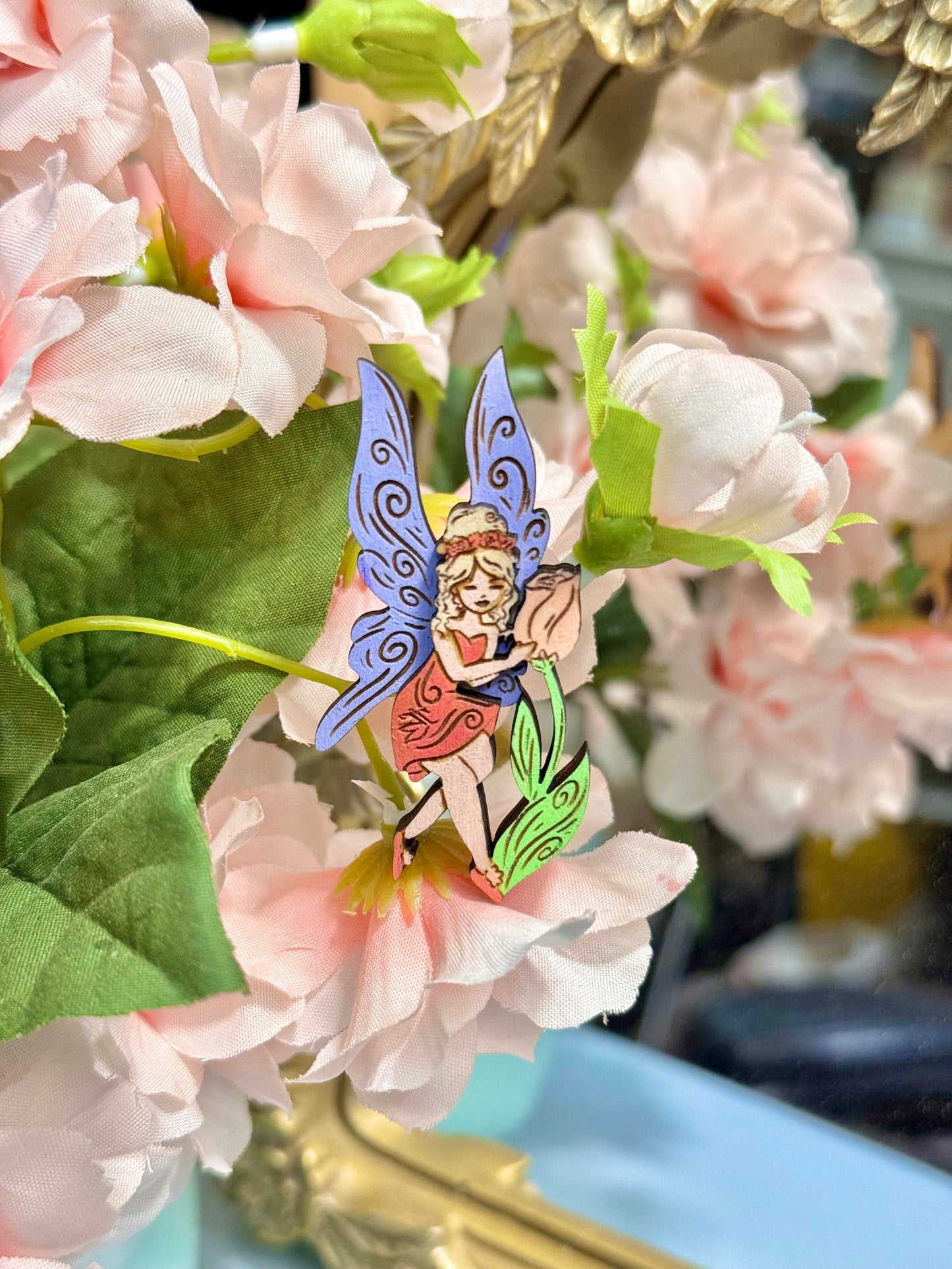 Tulips & Wings Fairy - Wood Pin or Magnet