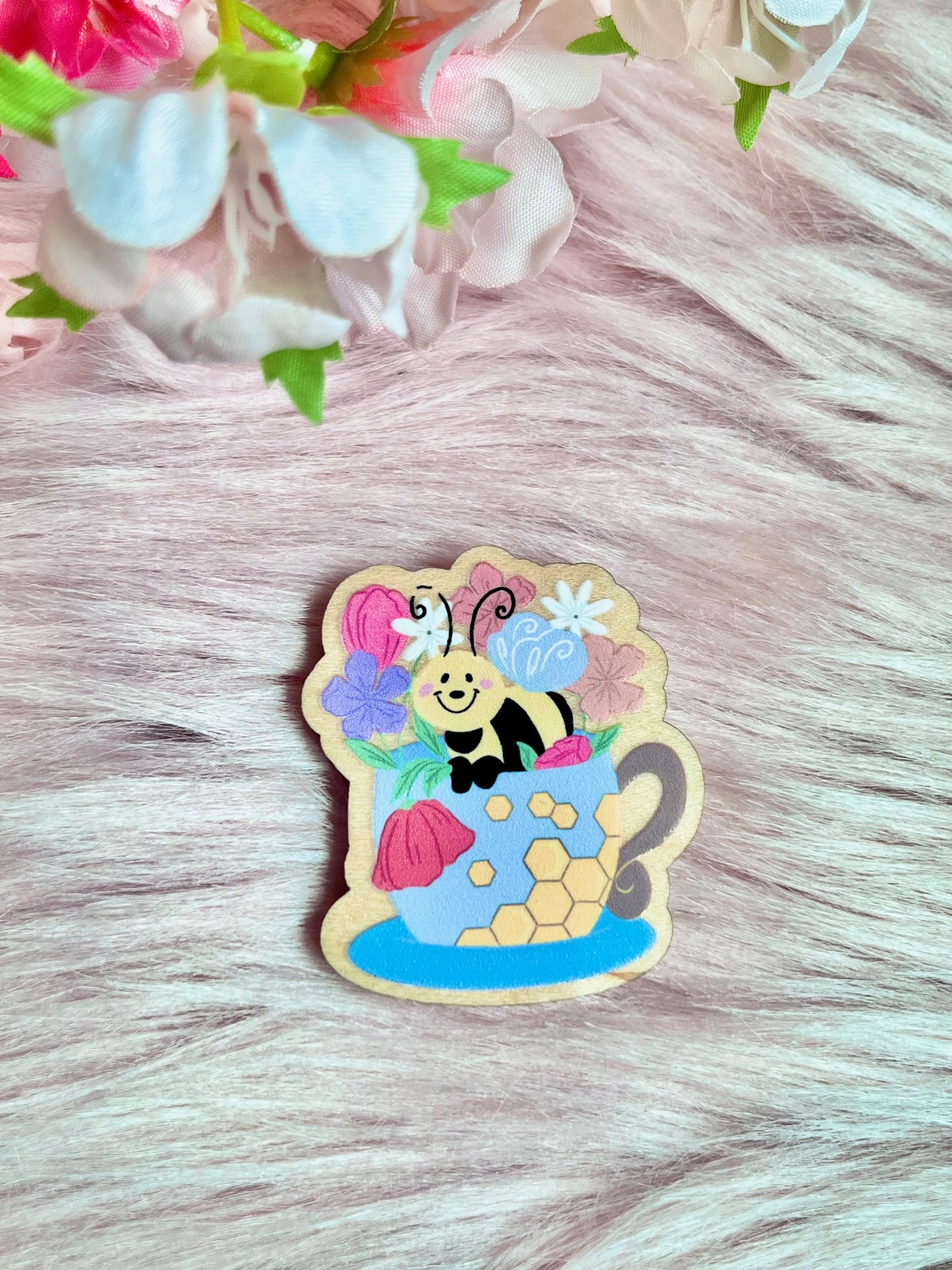 Bee Happy Teacup Pin | Wood Pin