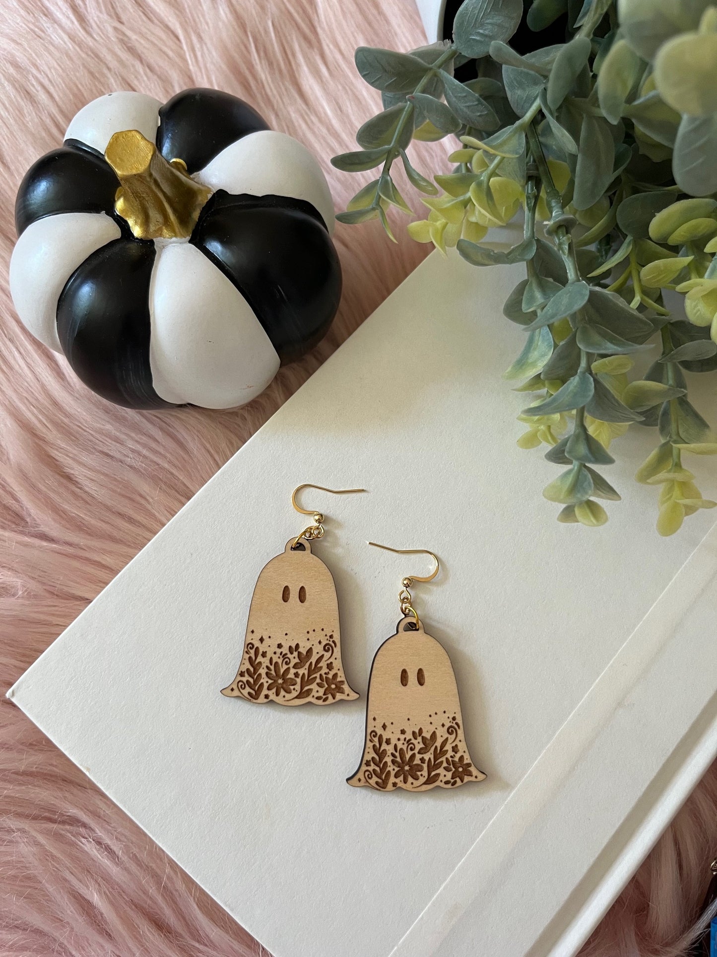 Floral Ghost Wood Earrings