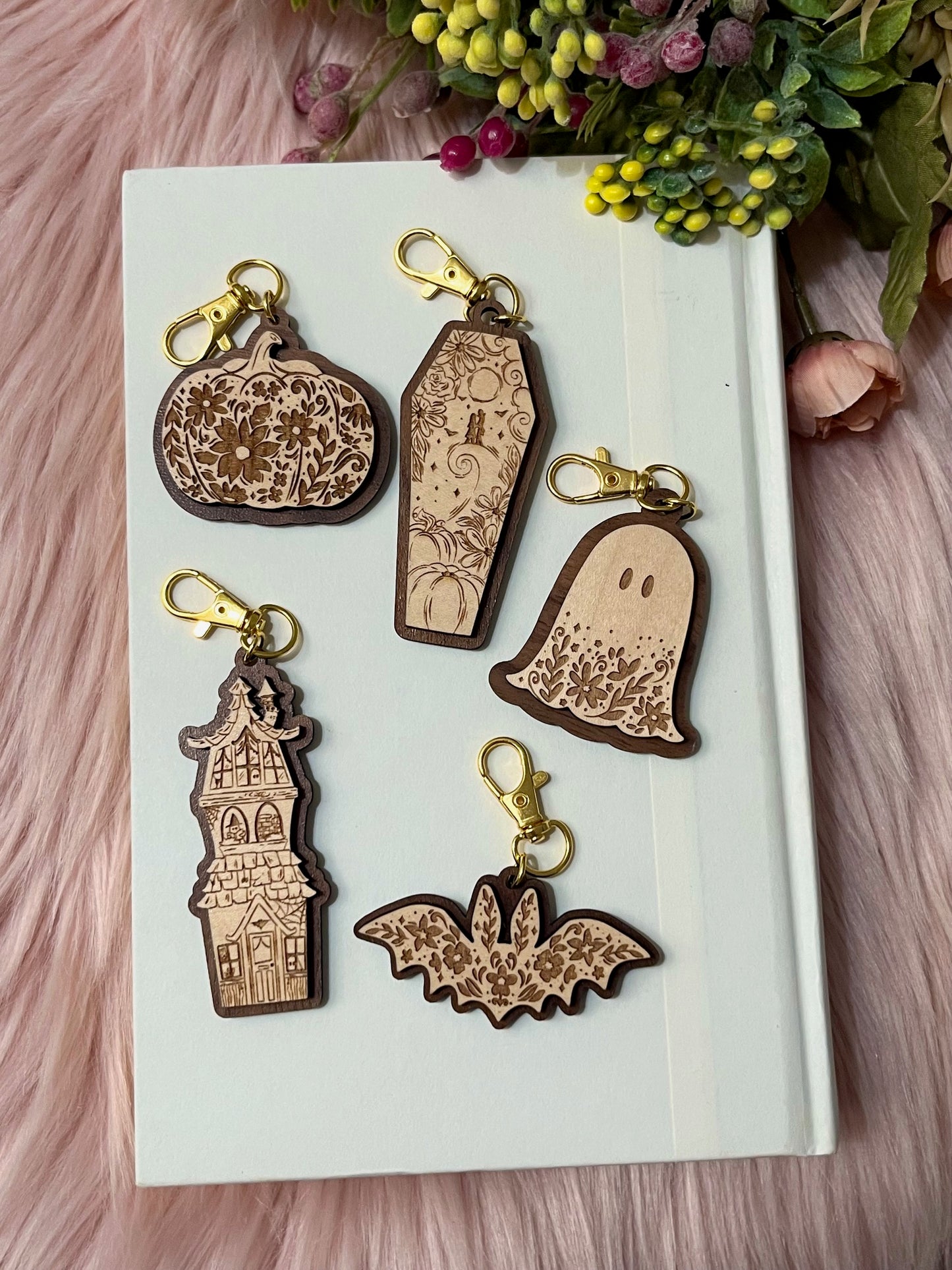 Floral Ghost Wood Keychain