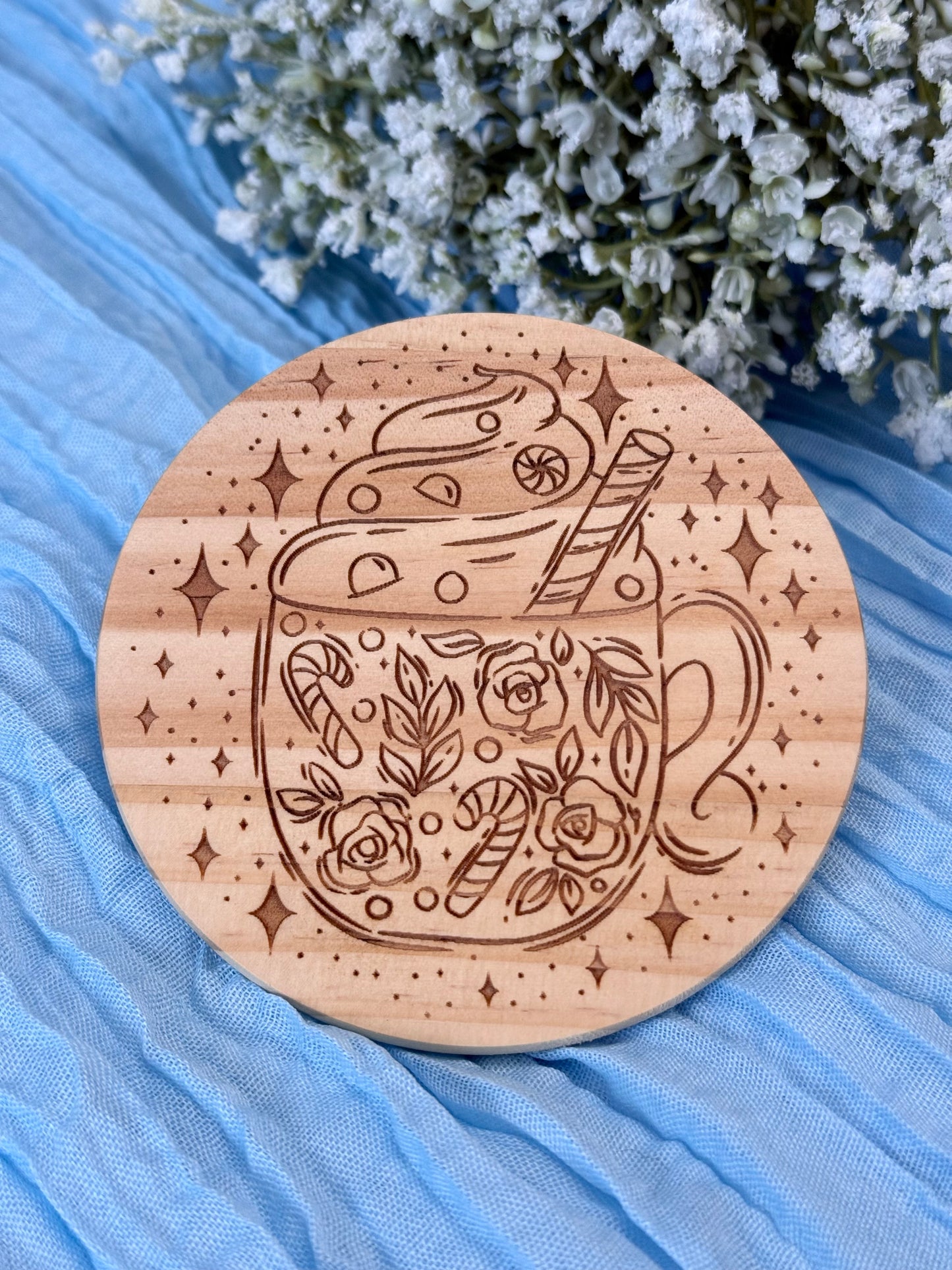 Wood Coaster - Florals & Candy Canes Mug