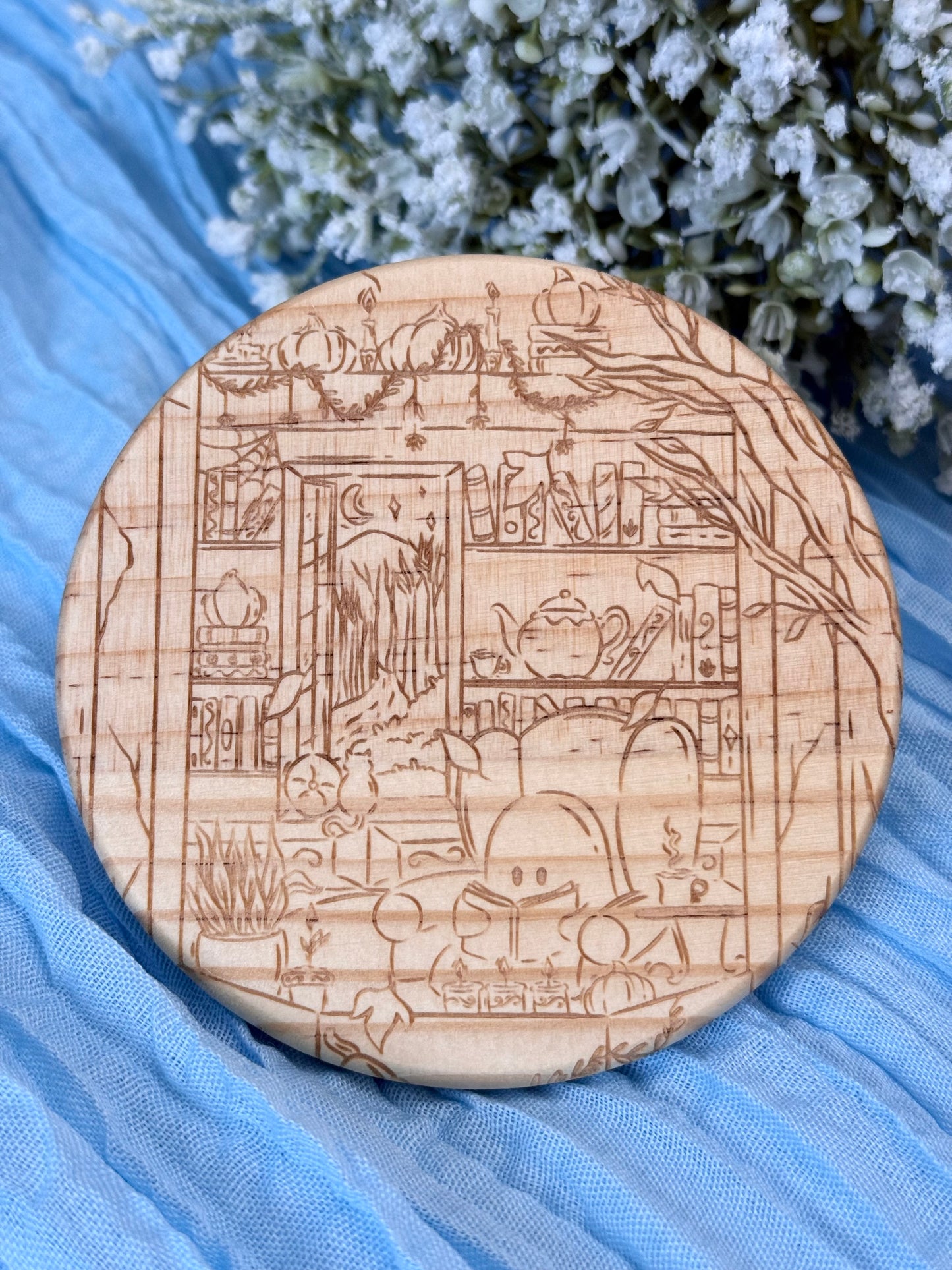 Wood Coaster - Cozy Reading Ghost