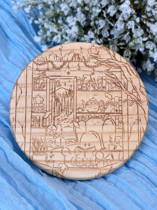 Wood Coaster - Cozy Reading Ghost
