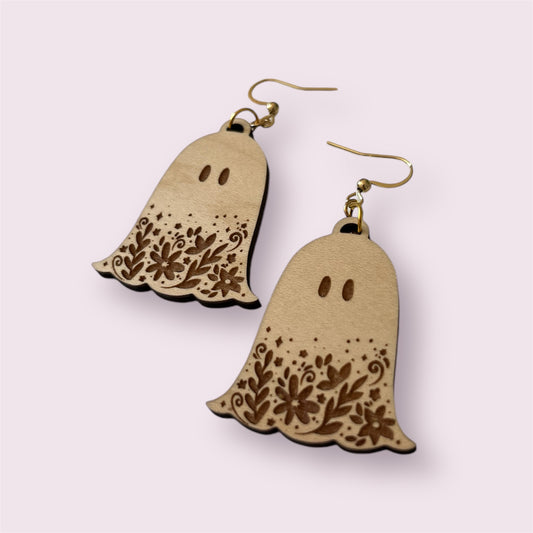 Floral Ghost Wood Earrings