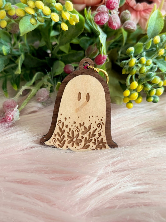 Floral Ghost Wood Keychain