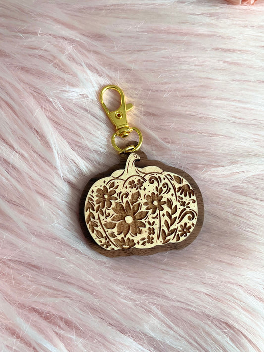 Floral Pumpkin Wood Keychain