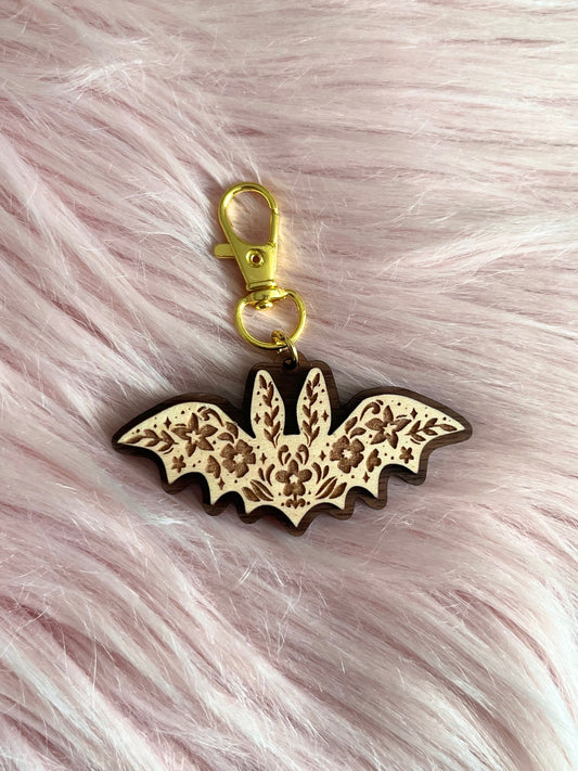 Floral Bat Wood Keychain