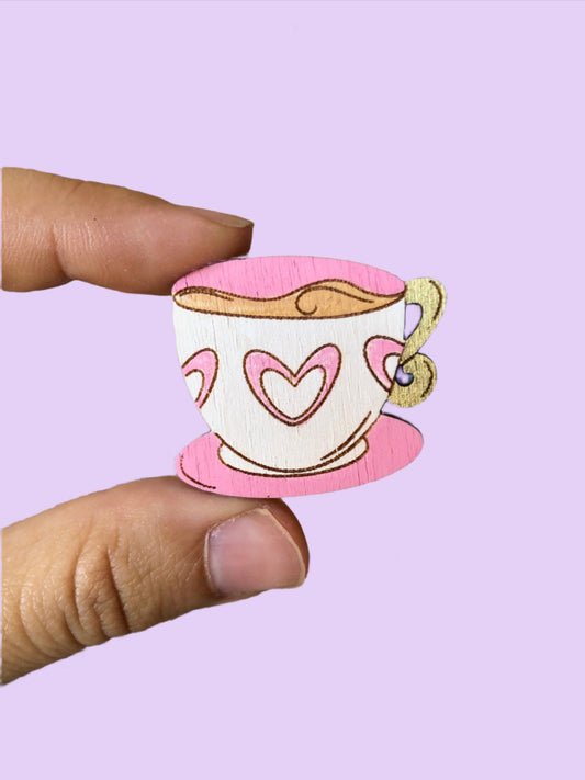 Love Tea Cup Mini Wood Pin or Magnet